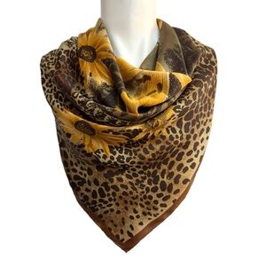 HwaLi 100% Silk Scarf - Sunflower & Leopard Print - Hand-Rolled Edges